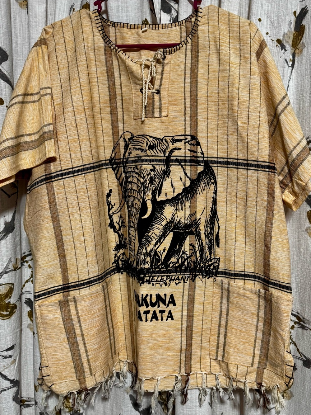 Yellow/Black Striped Linen Tunic with Black Elephant Graphic “Hakuna Matata”